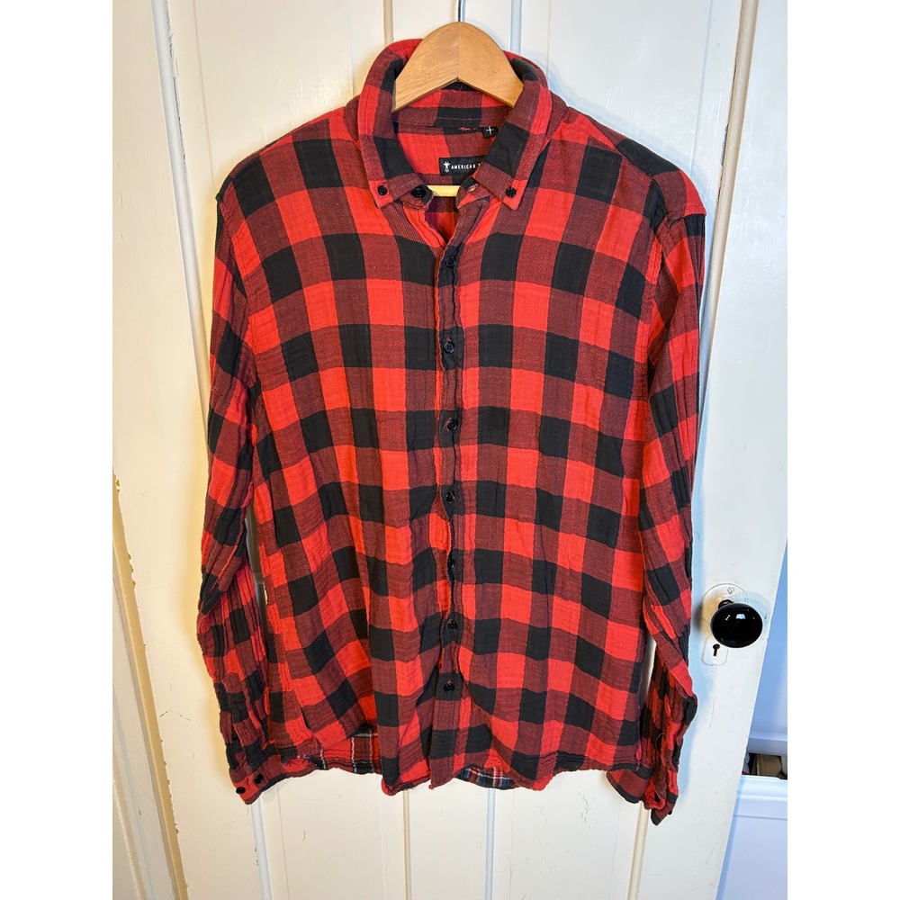 American Tall Mens Large Tall Red Black Buffalo Plaid Double Weave Flannel Shirt